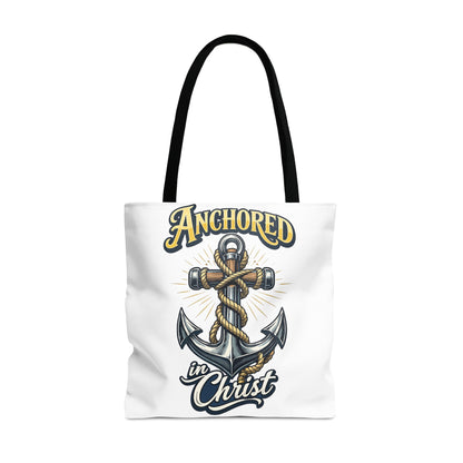 Tote bag with "ANCHORED in Christ" text and anchor graphic.