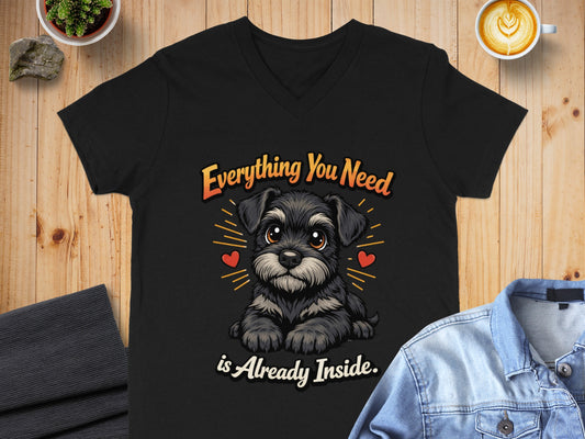 Black v-neck t-shirt with cartoon schnauzer and text "Everything You Need is Already Inside."