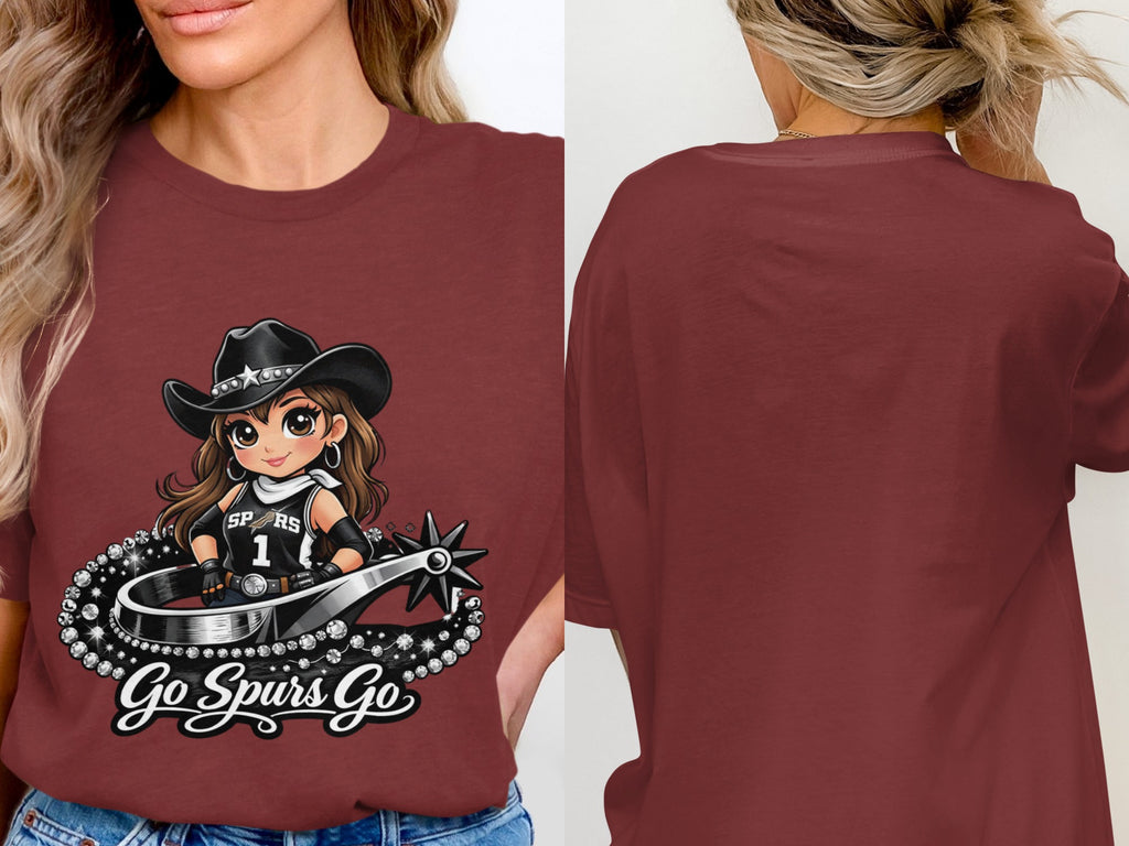 T-shirt with cartoon cowgirl wearing San Antonio Spurs jersey and "Go Spurs Go" text.