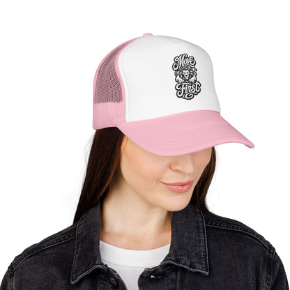 White trucker hat with pink brim and mesh, featuring "Moe First" text and lion graphic.