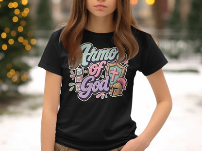 Black t-shirt with "Armor of God" text, cross, shield, helmet, and checks.