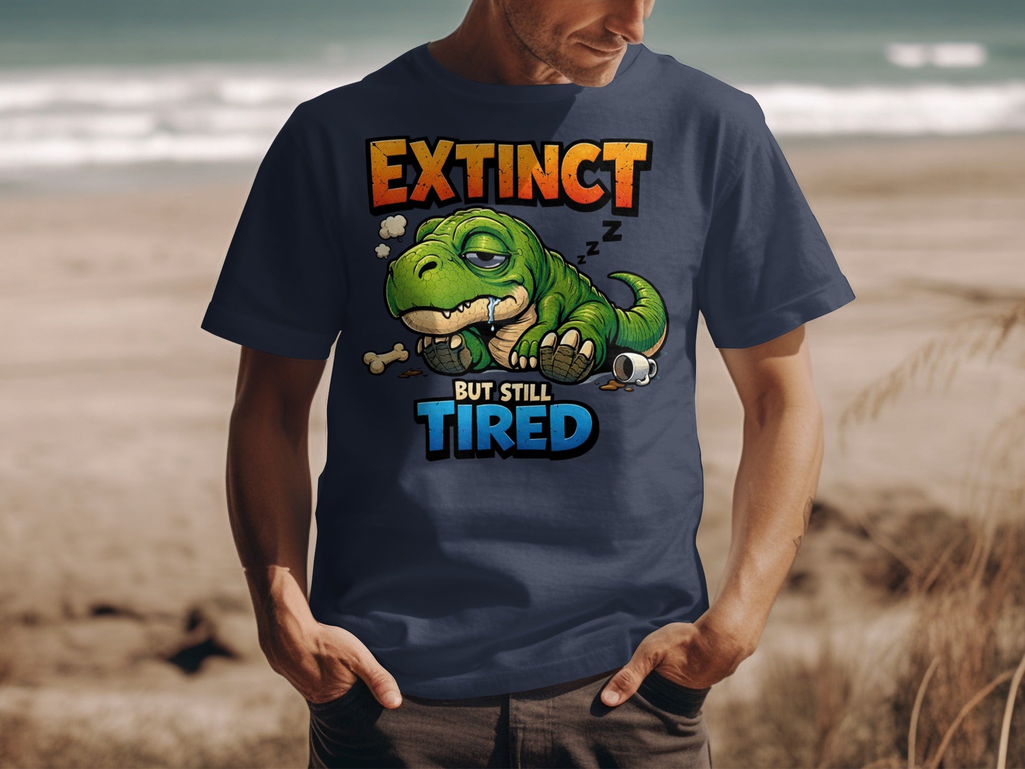 T-shirt with cartoon dinosaur graphic that reads "Extinct but still tired."