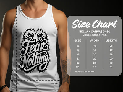 White tank top with black "Fear Nothing" graphic and size chart.