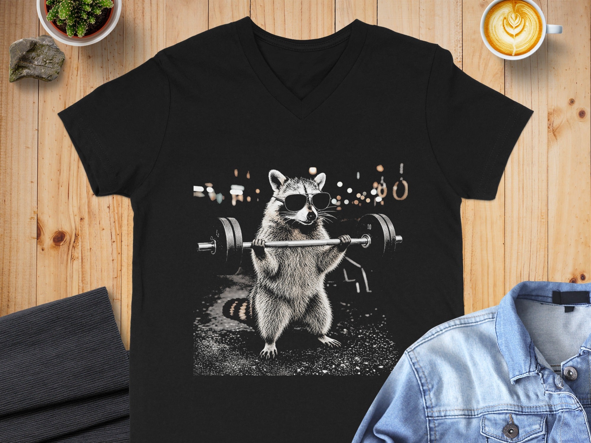 T-shirt graphic of a raccoon wearing sunglasses lifting a barbell.