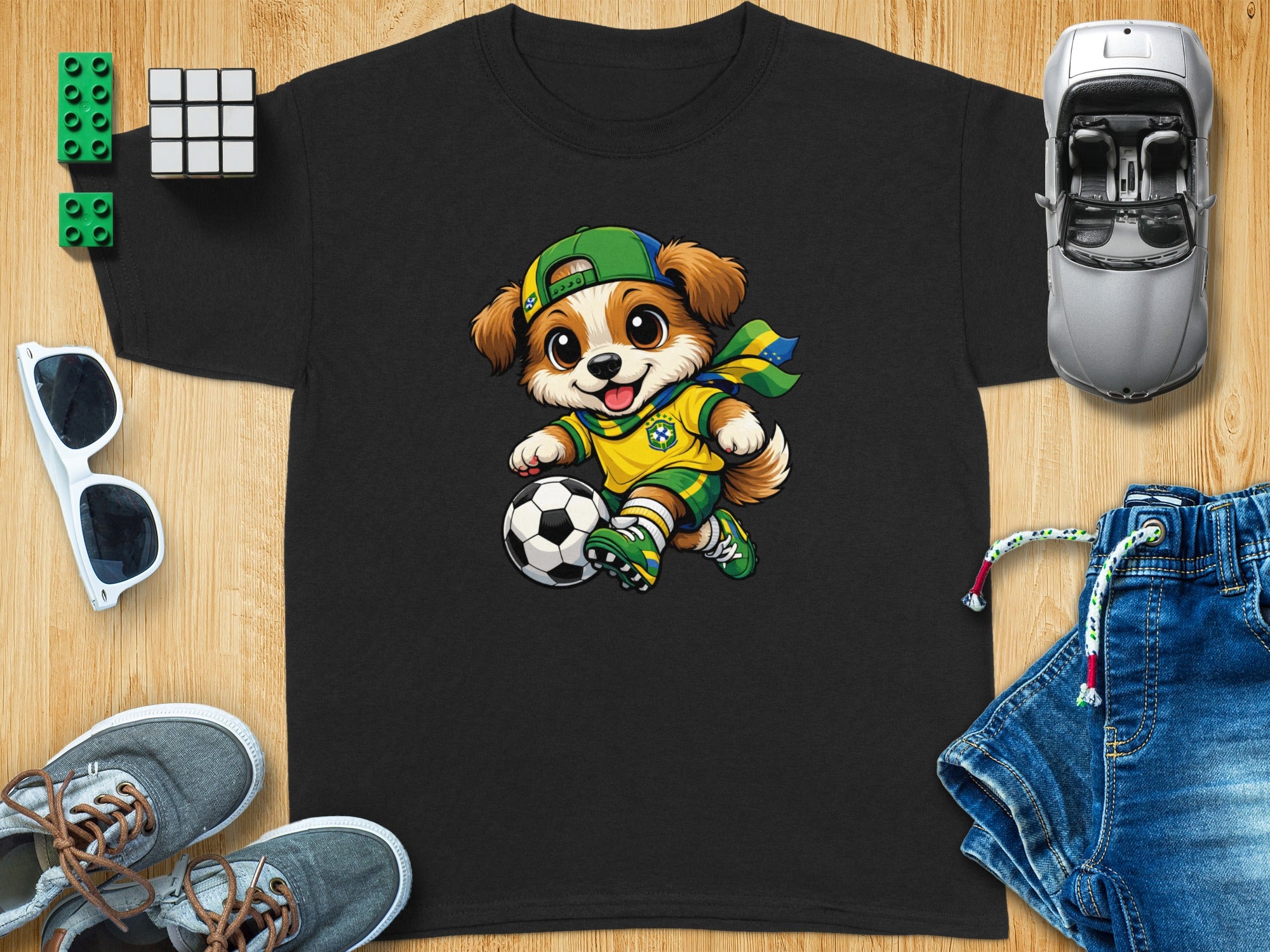 Cartoon dog wearing a green cap and Brazil soccer jersey dribbling a soccer ball.