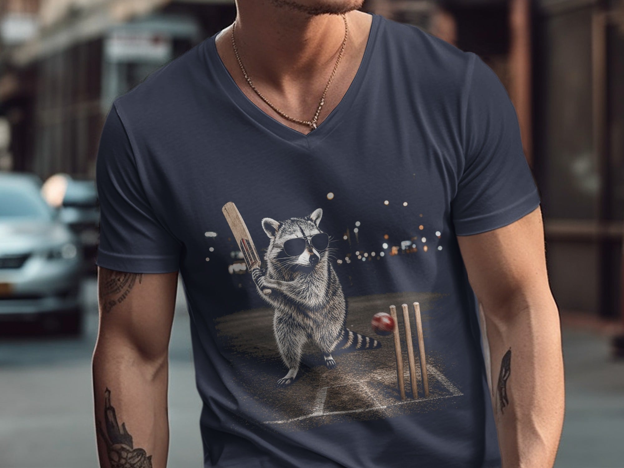 Raccoon wearing sunglasses batting in a cricket match on a dark background.