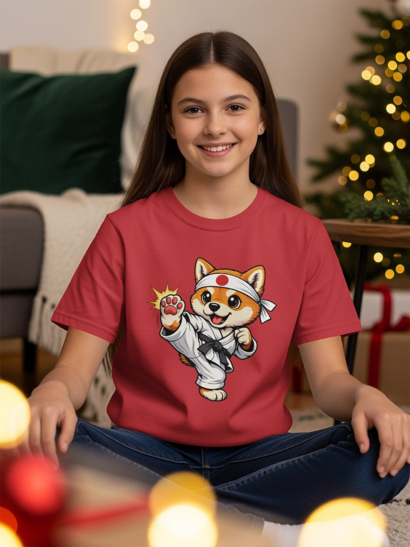 Red t-shirt with cartoon Shiba Inu doing a karate kick.