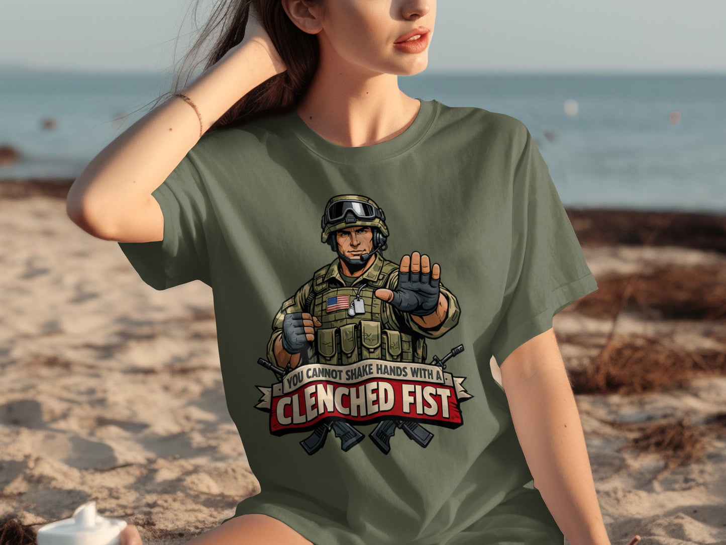 Green t-shirt with soldier graphic and text "You cannot shake hands with a clenched fist".