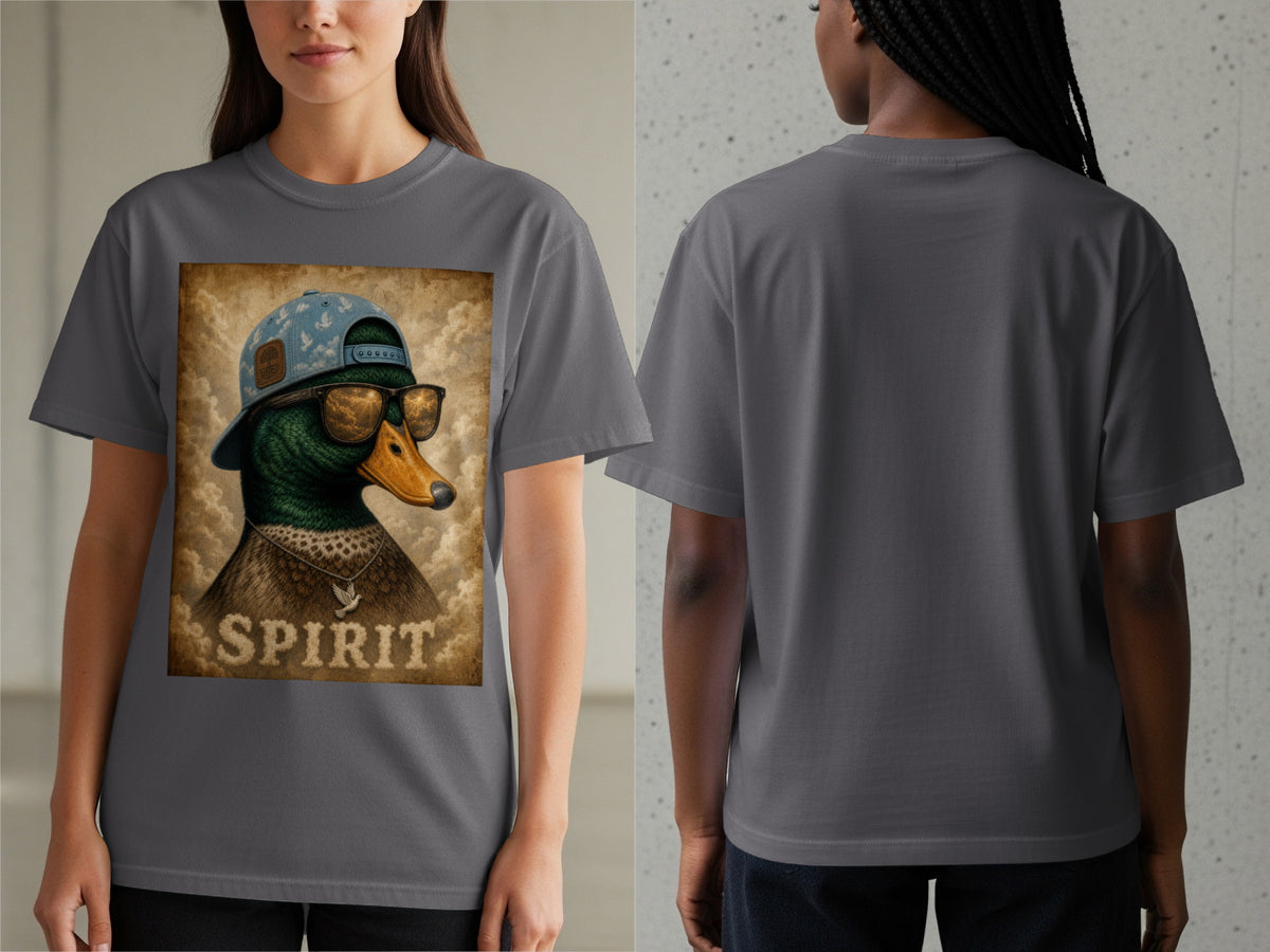 Duck graphic wearing a backwards baseball cap, sunglasses, and necklace on a t-shirt.