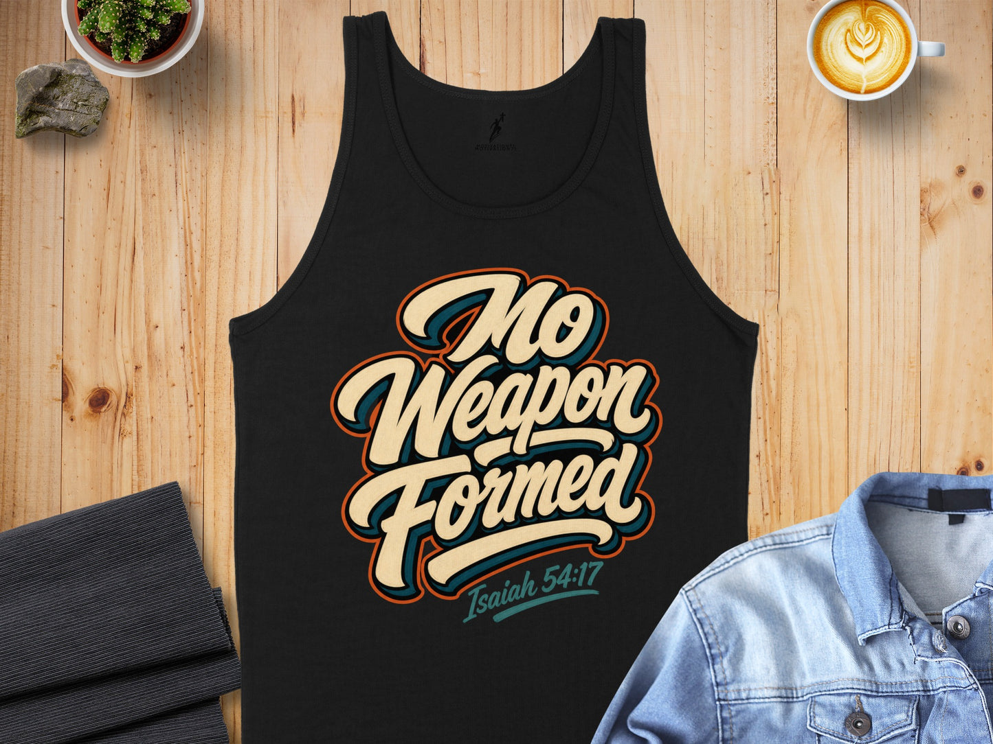 Black tank top with "No Weapon Formed" and "Isaiah 54:17" text.