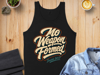 Black tank top with "No Weapon Formed" and "Isaiah 54:17" text.