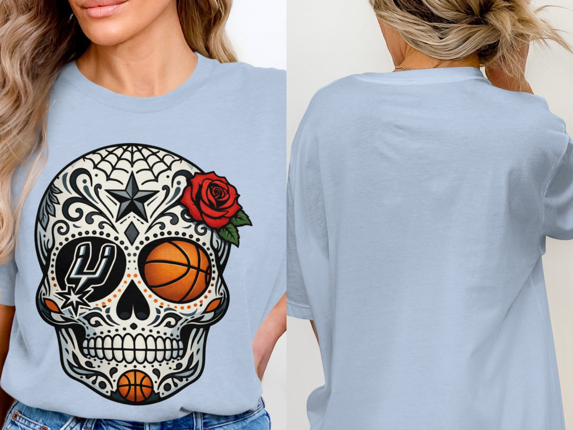 Light blue t-shirt with sugar skull graphic featuring basketball and Spurs logo.