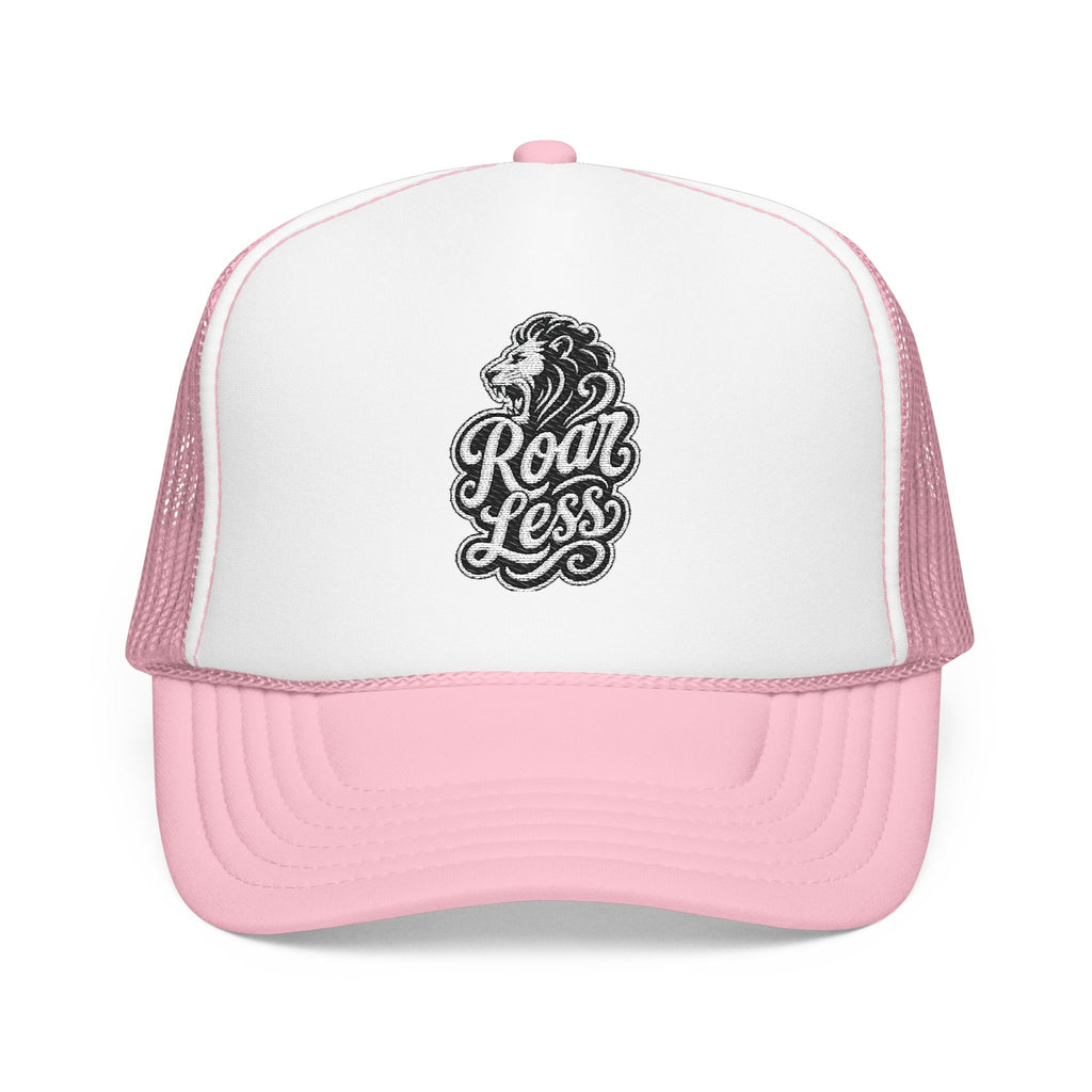 Pink trucker hat with embroidered lion and "Roar Less" text.