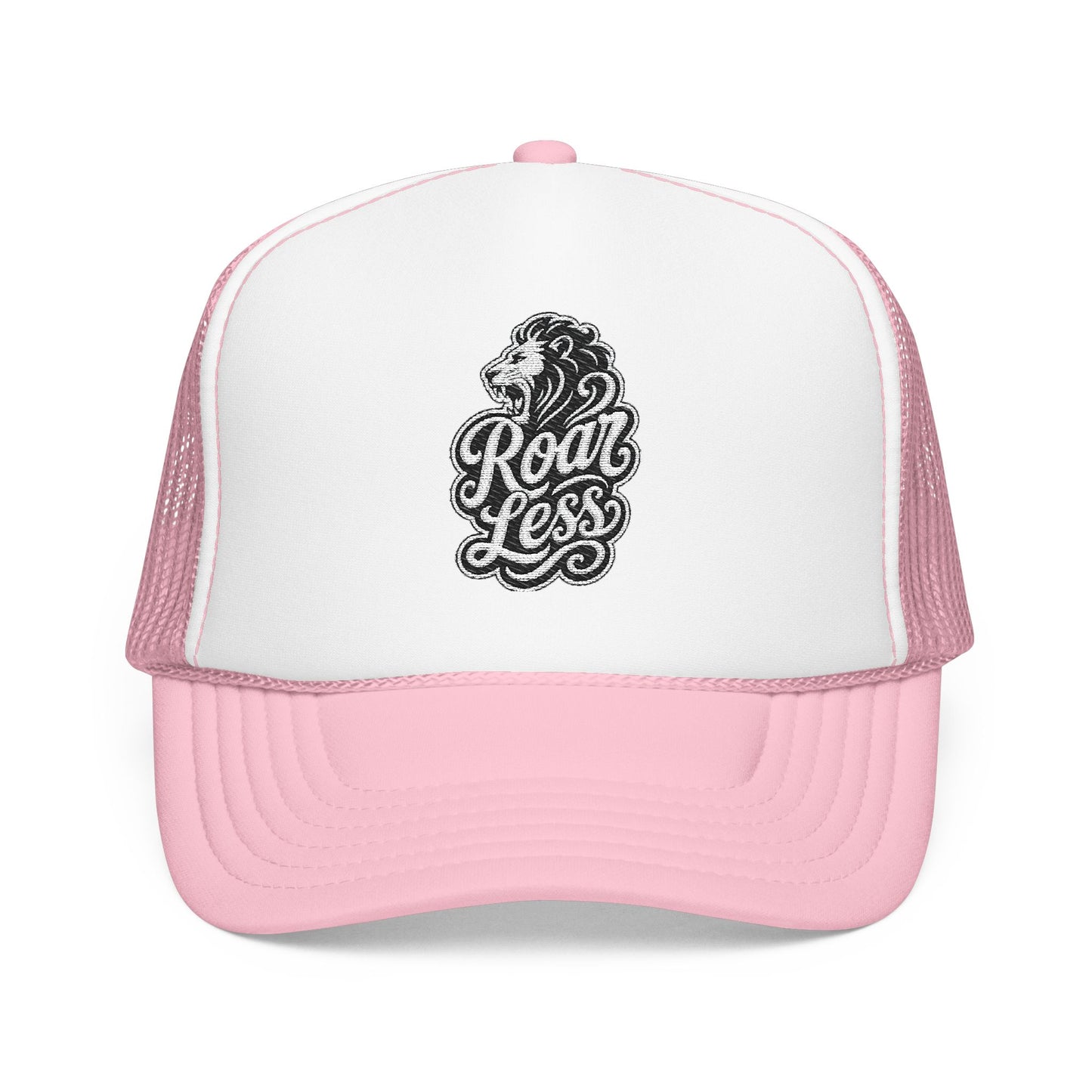 Pink trucker hat with embroidered lion and "Roar Less" text.