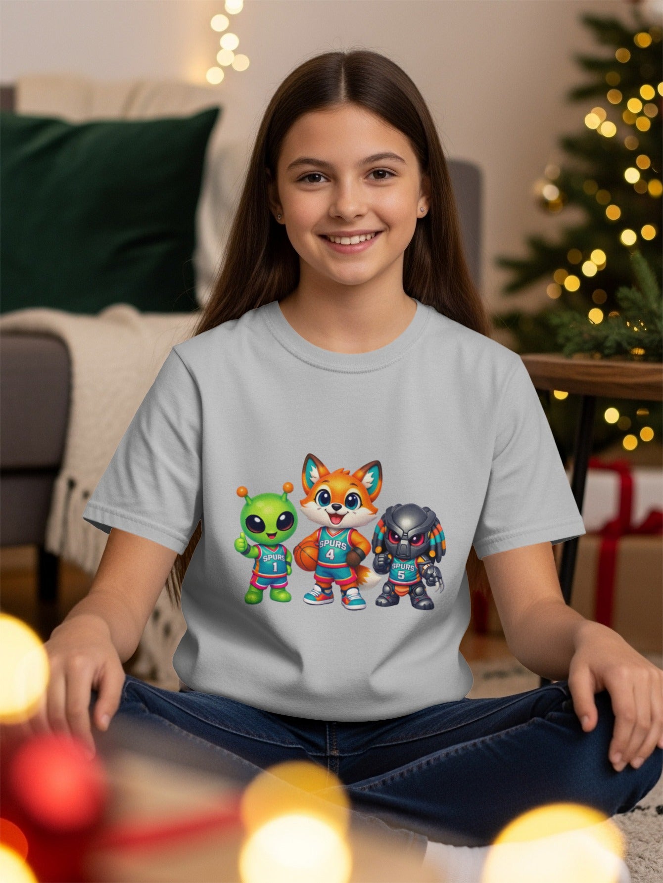 Gray t-shirt with cartoon alien, fox, and predator in San Antonio Spurs basketball jerseys.