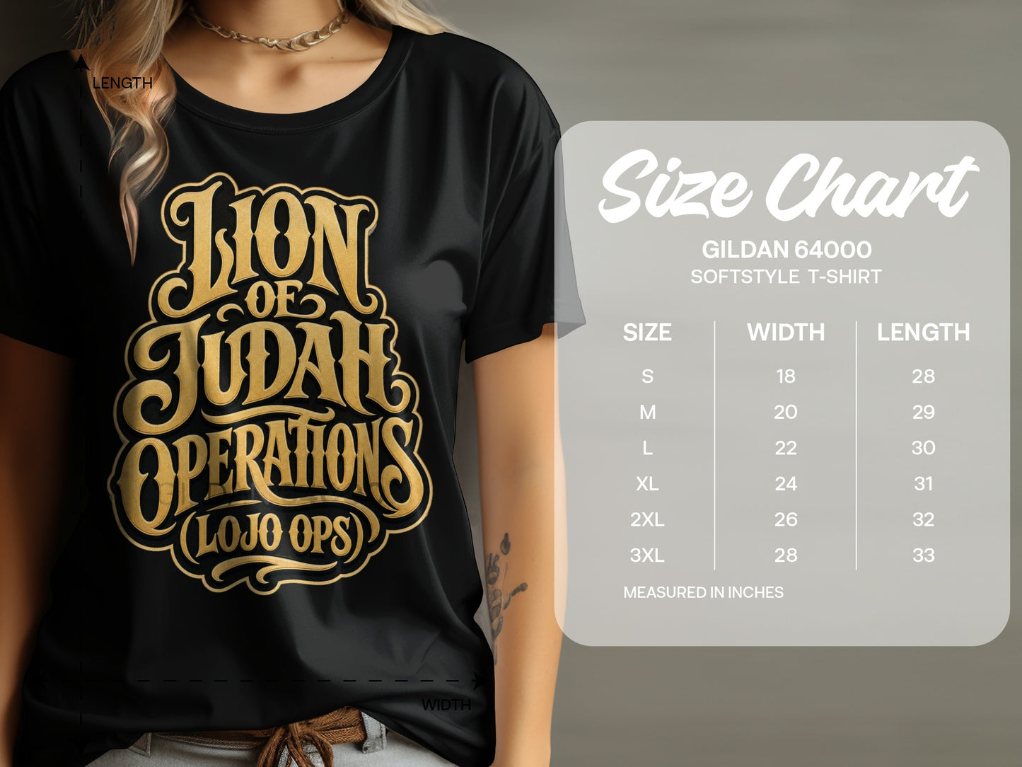 Black t-shirt with "Lion of Judah Operations (LOJO OPS)" text and Gildan 64000 softstyle t-shirt size chart.