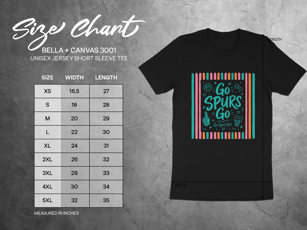 BELLA + CANVAS 3001 size chart for unisex jersey short sleeve tee.