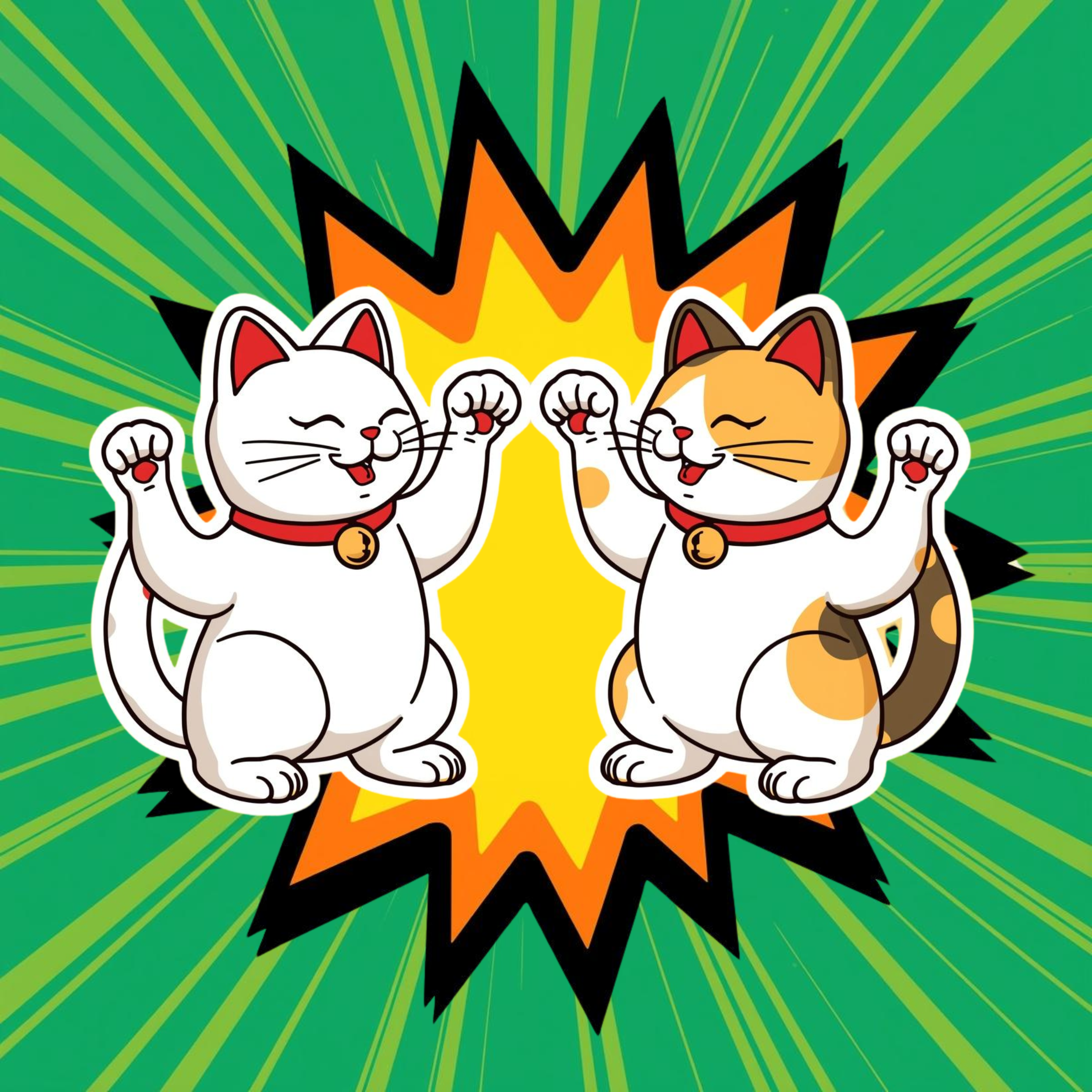Two maneki-neko cats with happy expressions and raised paws on a green burst background.