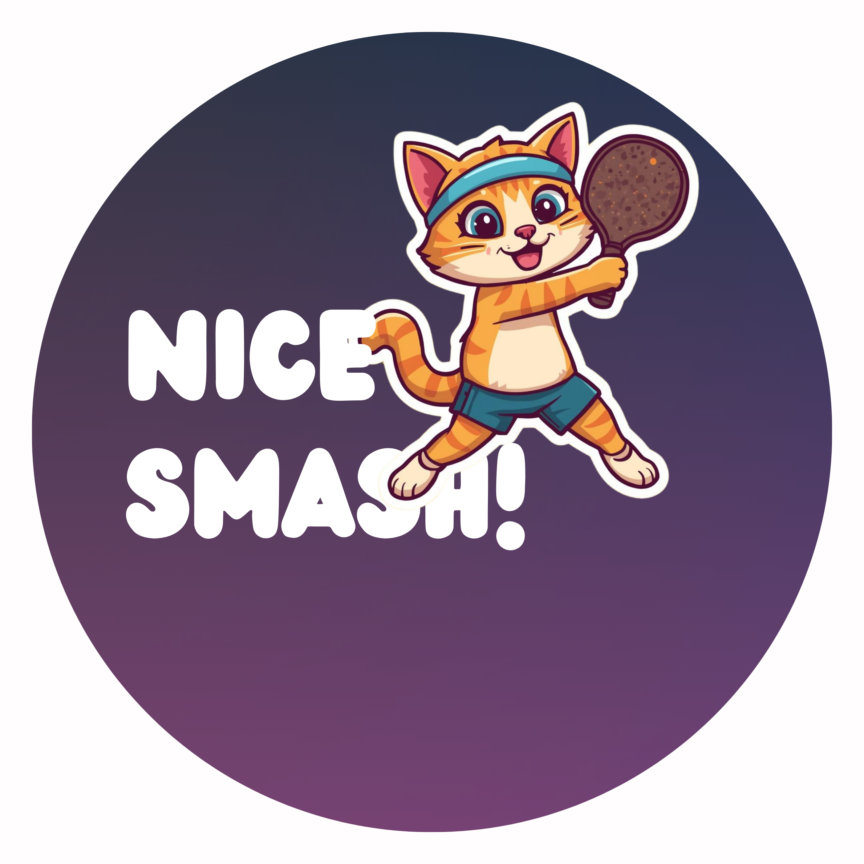 Cartoon orange cat wearing athletic headband and shorts holds a pickleball paddle.