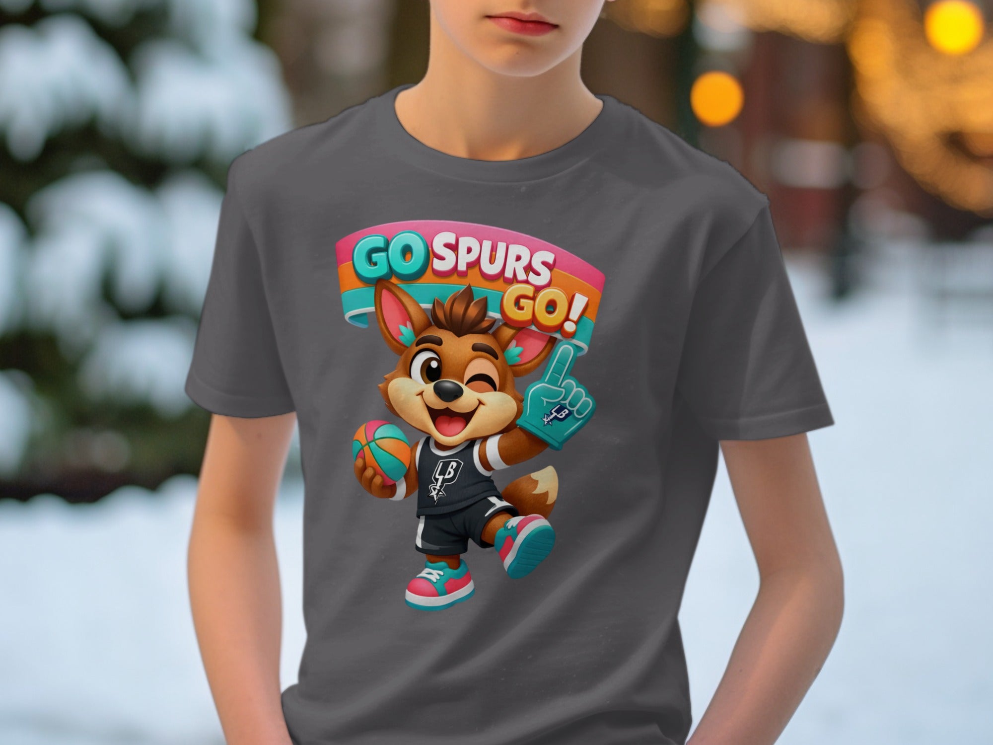 Cartoon fox wearing basketball jersey and shorts, holding a ball and foam finger.