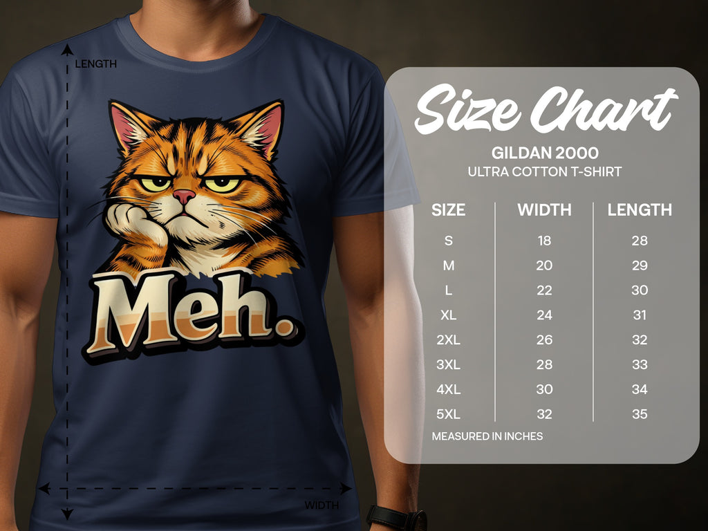 Navy t-shirt with a grumpy cat graphic saying "Meh" and a size chart.