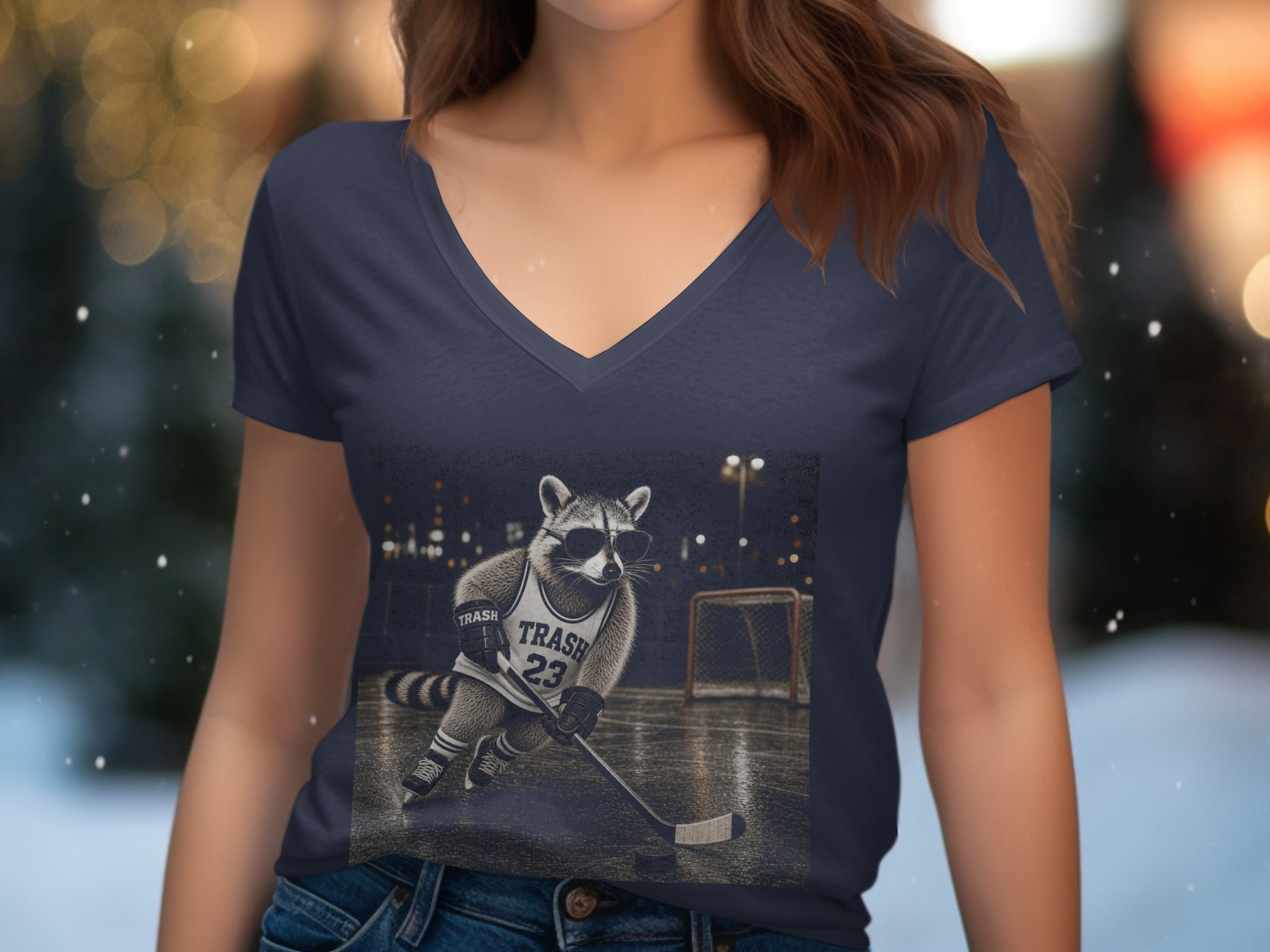 Raccoon in hockey jersey with sunglasses playing hockey on ice rink.