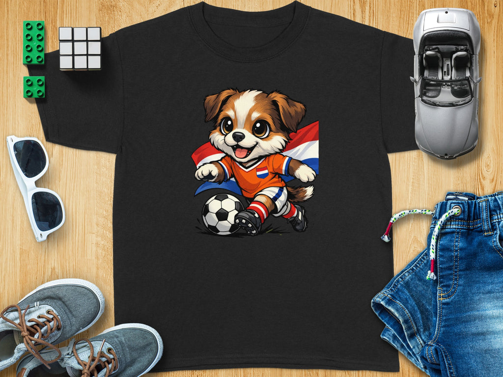Cute cartoon dog wearing Netherlands soccer jersey and flag, kicking a soccer ball.