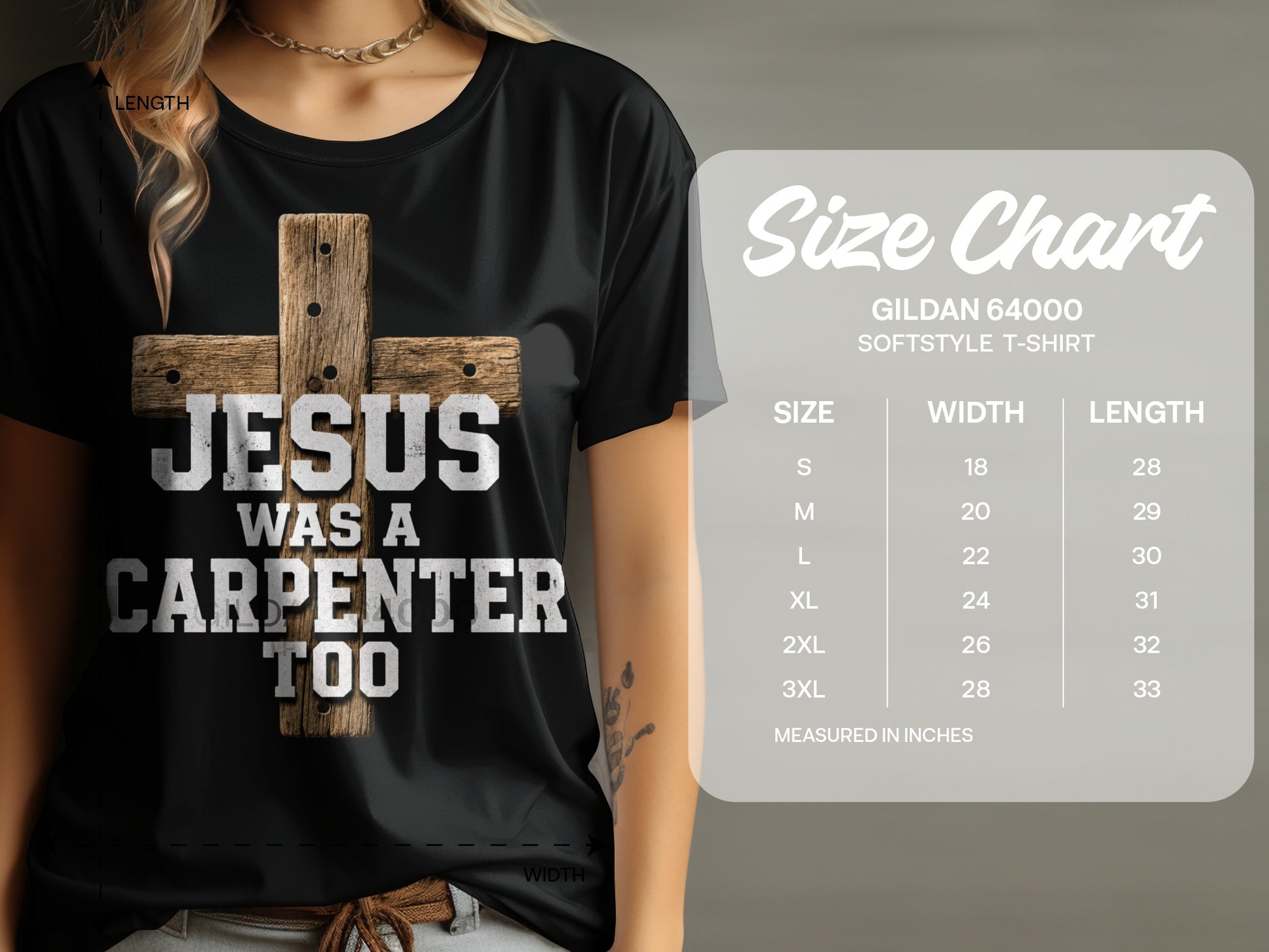 Black t-shirt with wooden cross graphic and text "Jesus Was A Carpenter Too".