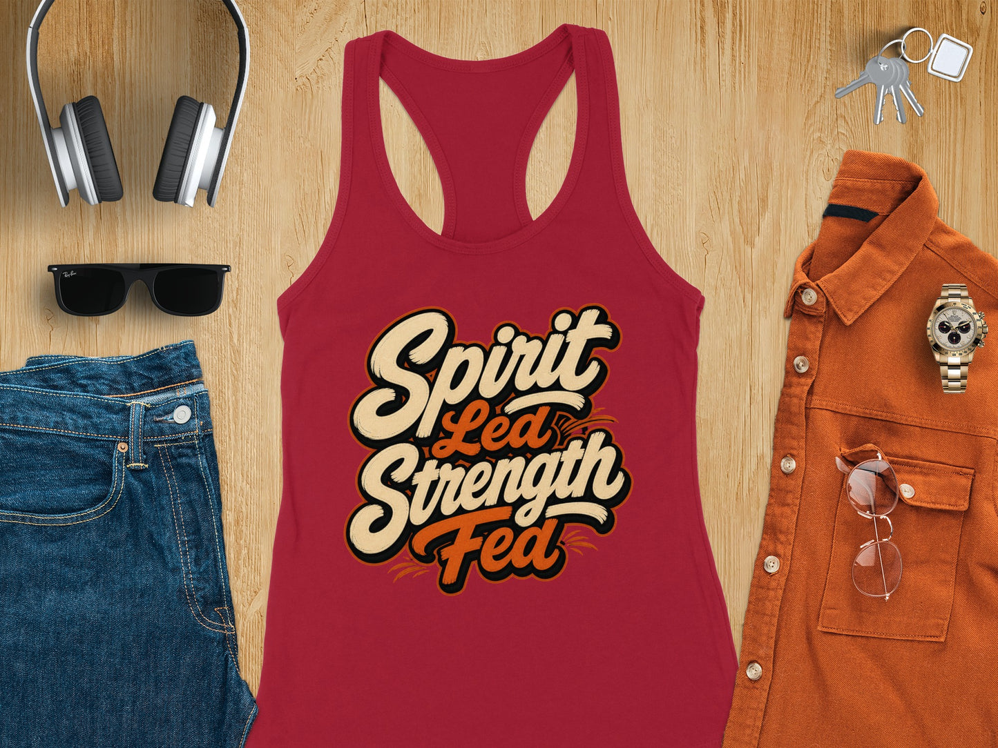 Red tank top with "Spirit Led Strength Fed" text, jeans, sunglasses, headphones, shirt, watch, and keys.