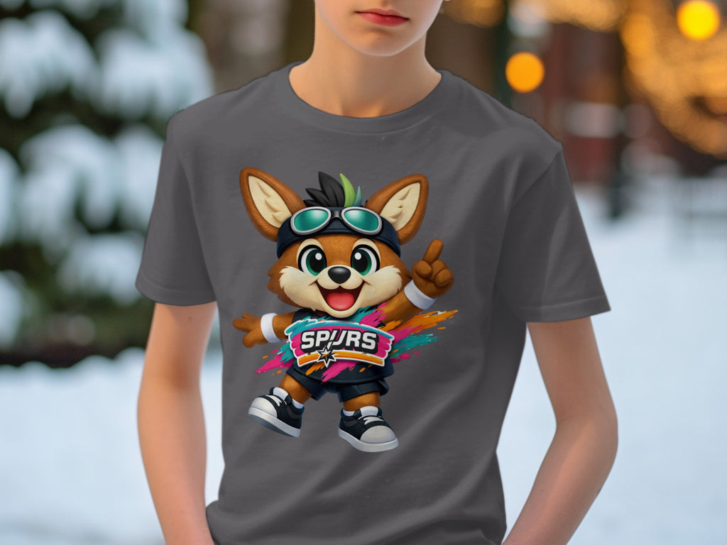 Cartoon fox mascot with "Spurs" logo on a gray t-shirt.