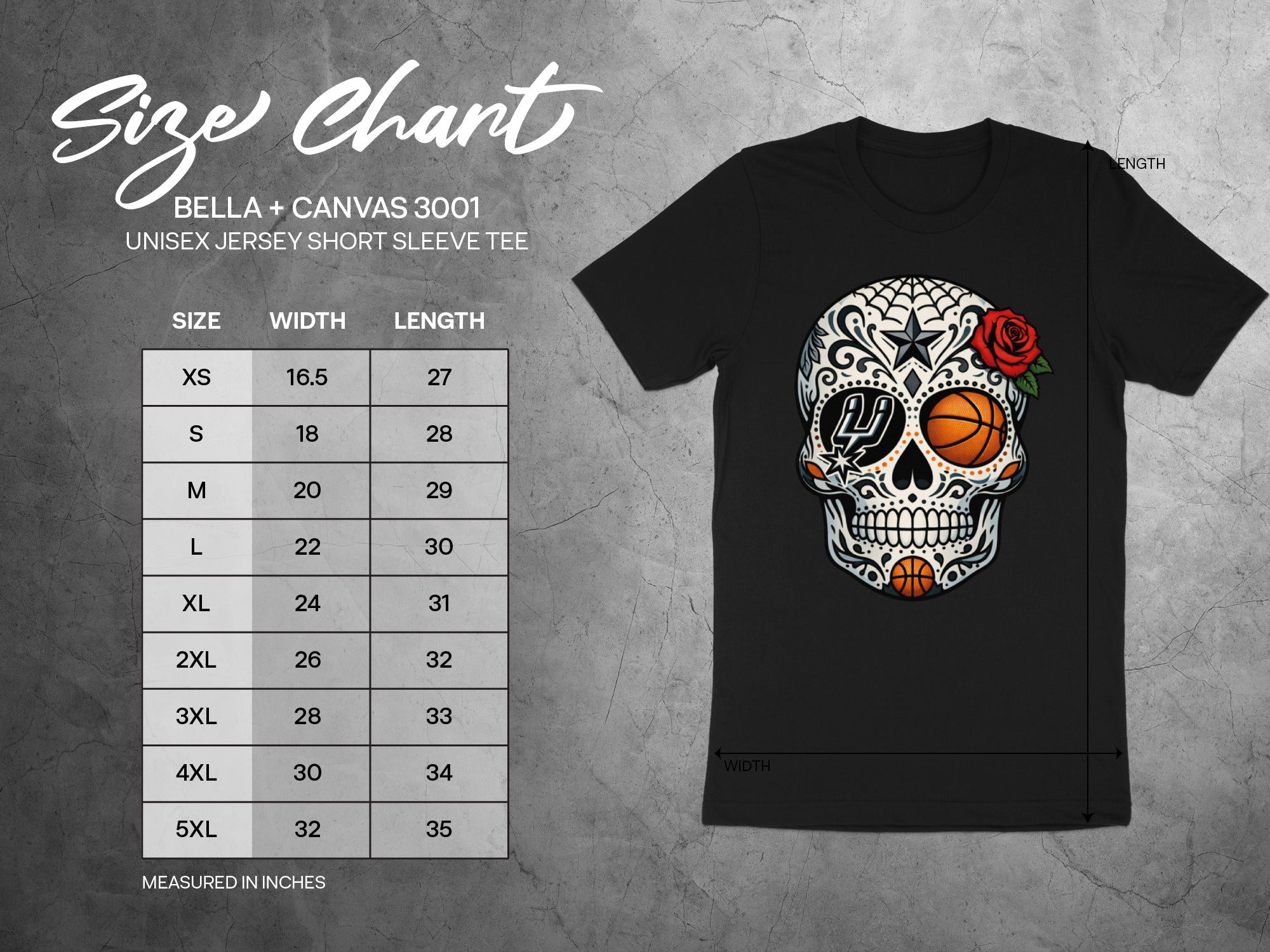 Size chart with Bella + Canvas 3001 unisex short sleeve tee measurements and sugar skull graphic.