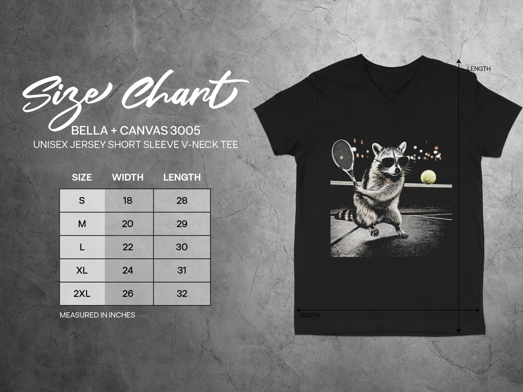 Size chart for Bella + Canvas 3005 unisex V-neck tee with measurements.