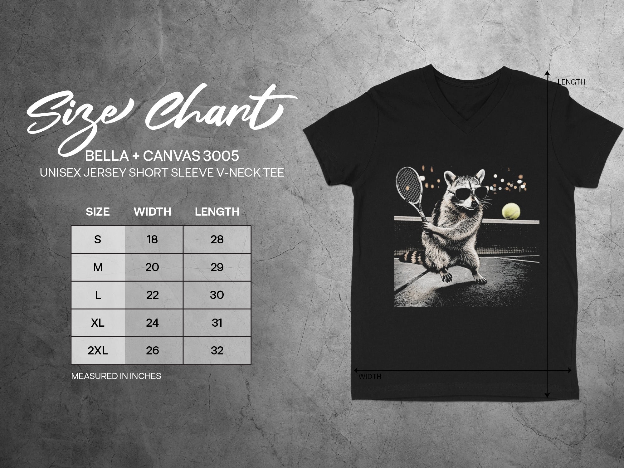 Size chart for Bella + Canvas 3005 unisex V-neck tee with measurements.