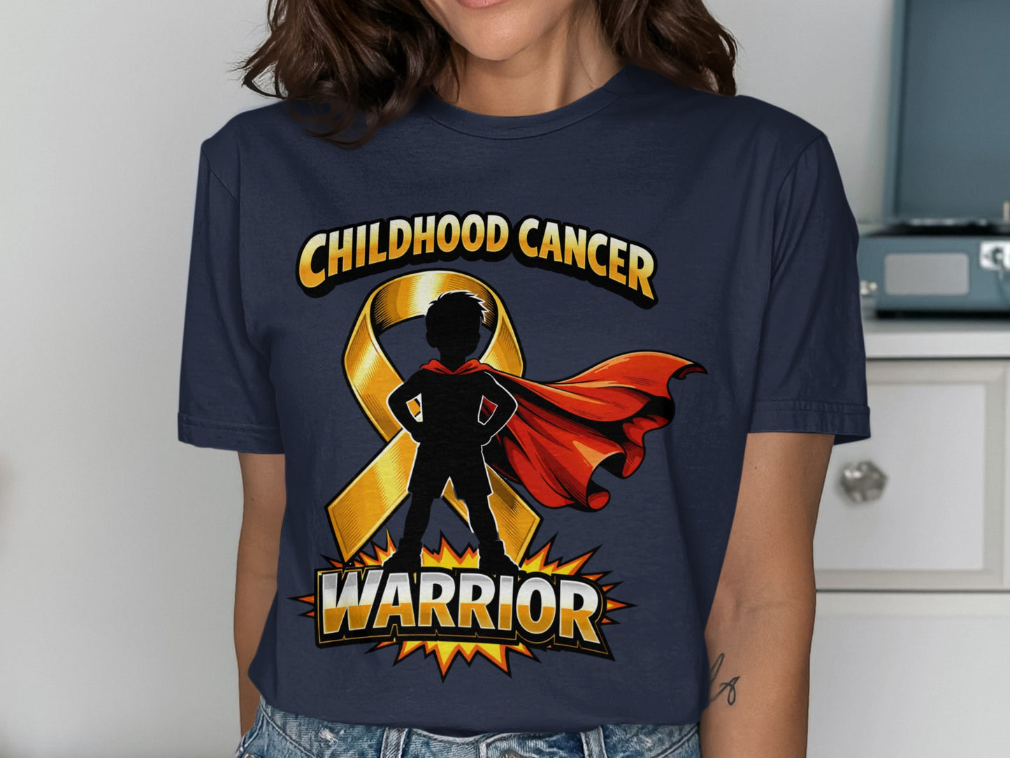 Childhood cancer warrior graphic with superhero silhouette and gold ribbon.