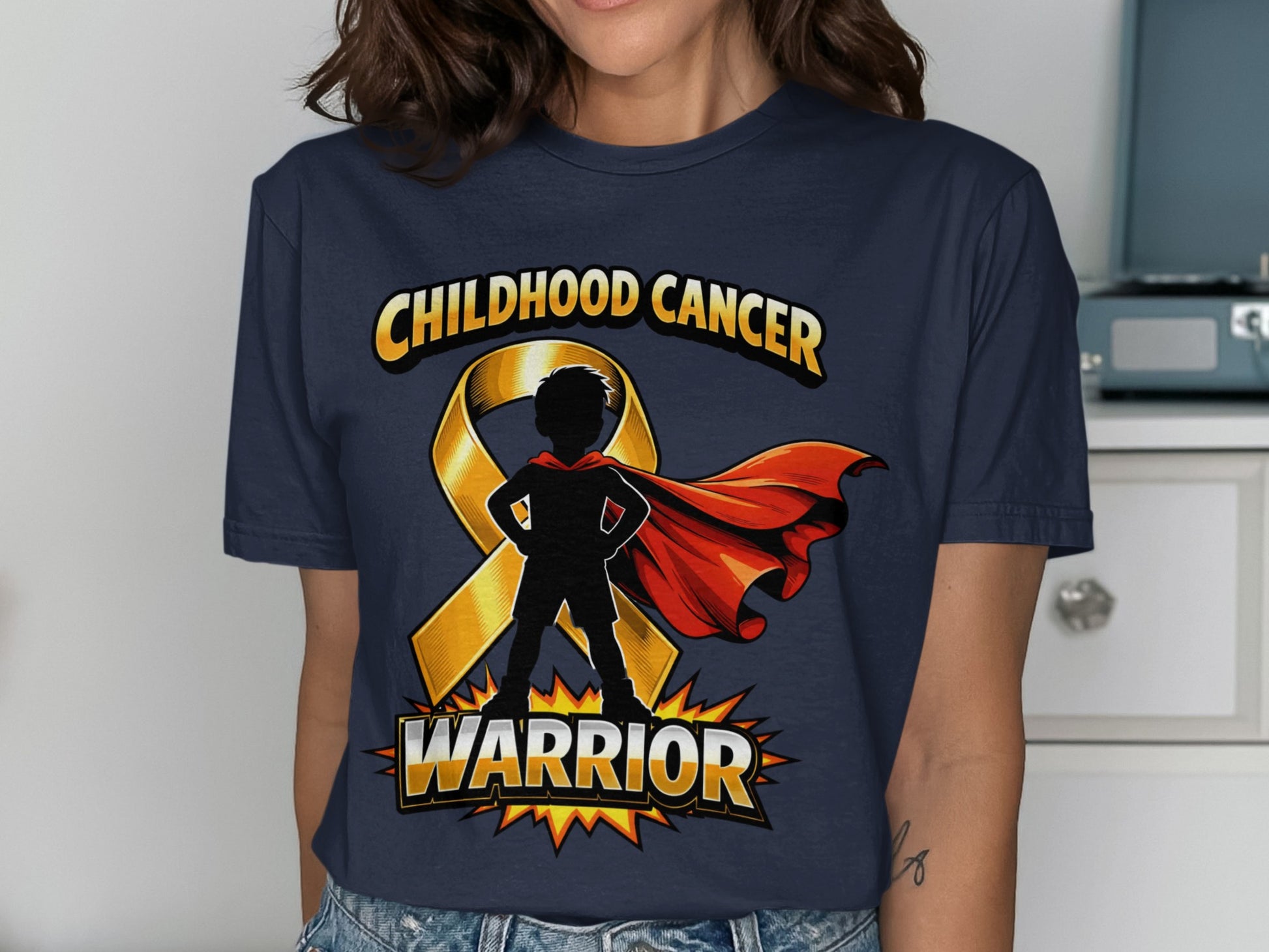Childhood cancer warrior graphic with superhero silhouette and gold ribbon.