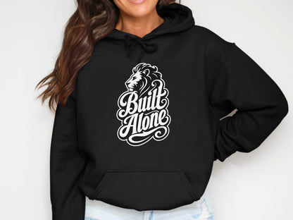 Black hoodie with white lion and "Built Alone" text graphic.