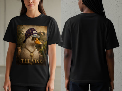 Duck wearing sunglasses and a cap on t-shirt with text "THE VINE."