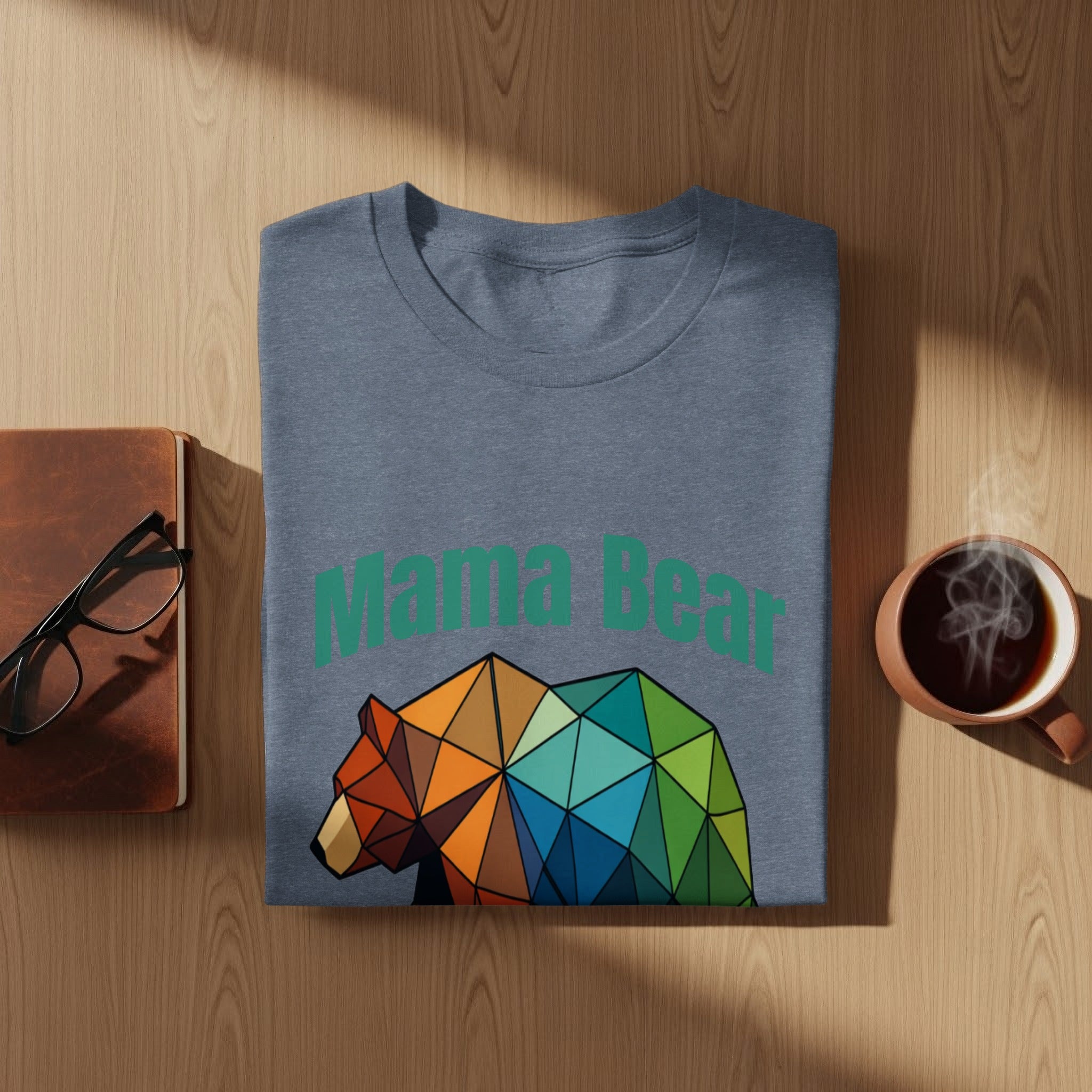 Grey t-shirt with "Mama Bear" text and a colorful geometric bear graphic.