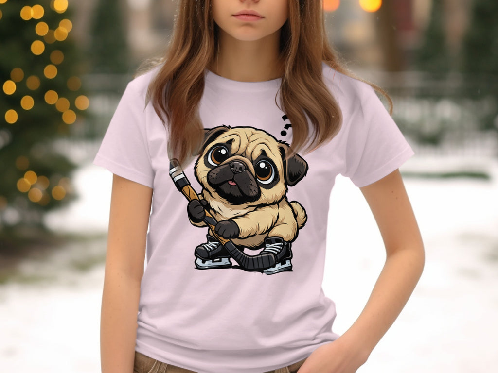Cartoon pug wearing ice skates and holding a hockey stick with a question mark above its head.