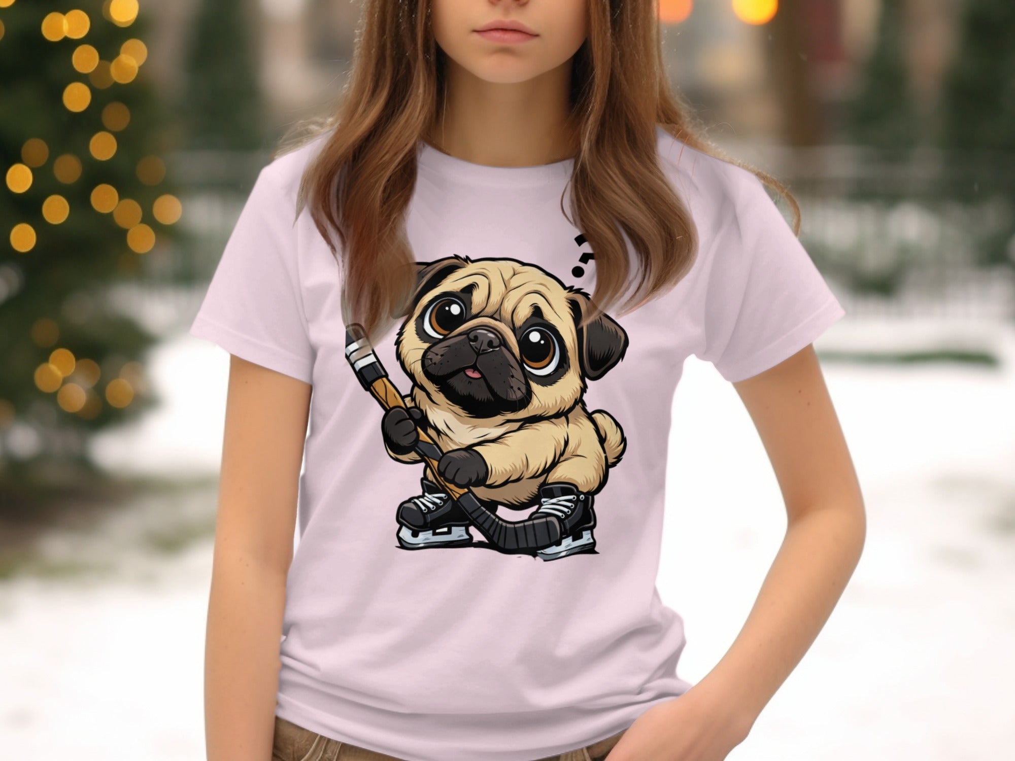 Cartoon pug wearing ice skates and holding a hockey stick with a question mark above its head.