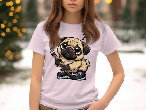Cartoon pug wearing ice skates and holding a hockey stick with a question mark above its head.