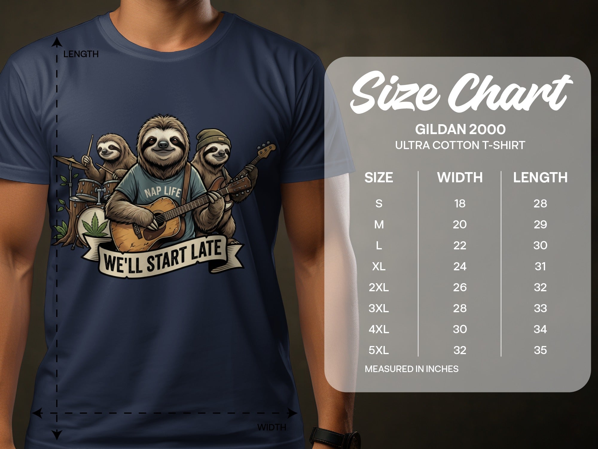 Sloths playing instruments with text "We'll Start Late" and a size chart.