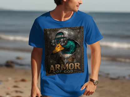 Blue t-shirt with a graphic of a duck wearing a hat and glasses, and "ARMOR OF GOD" text.