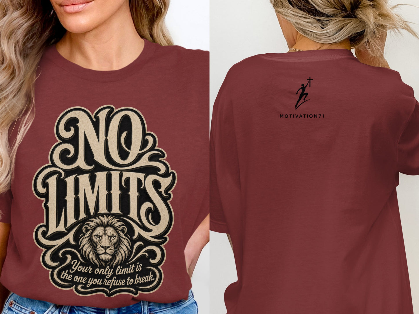 Red t-shirt with "NO LIMITS" text, lion, and motto. Back has "MOTIVATION71" logo.