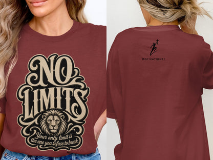 Red t-shirt with "NO LIMITS" text, lion, and motto. Back has "MOTIVATION71" logo.