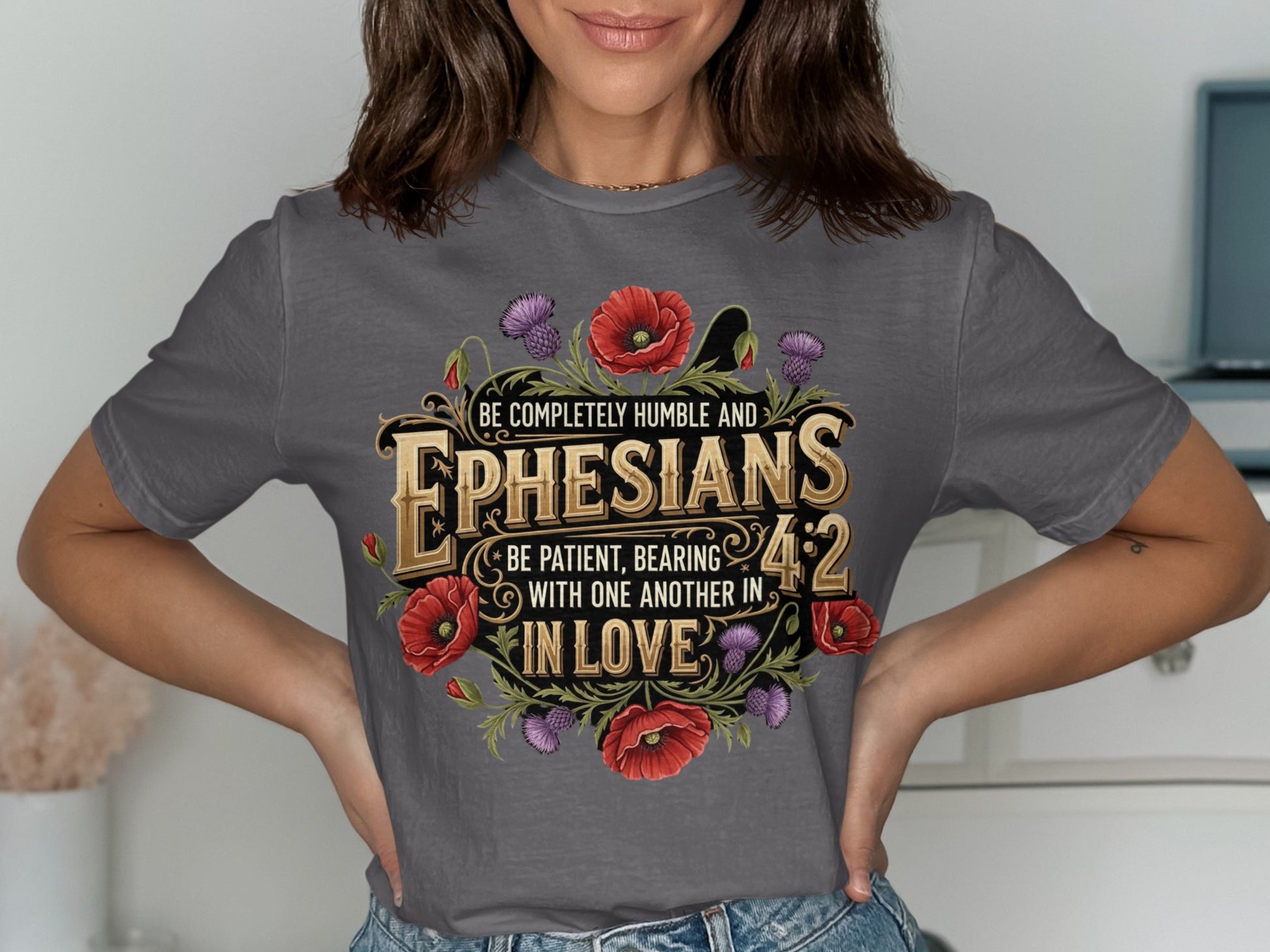 Gray t-shirt with Ephesians 4:2 quote and floral design.