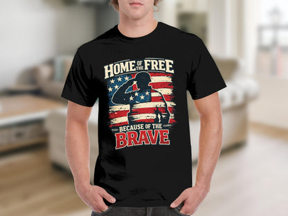 Black t-shirt with graphic of a saluting soldier against the American flag and text "Home of the Free Because of the Brave".