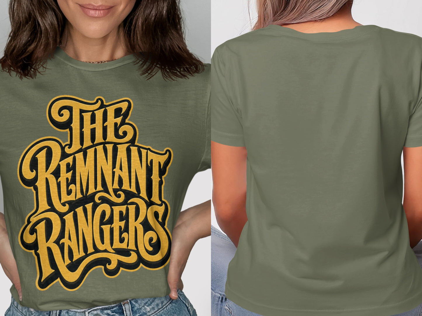 Olive green t-shirt with "The Remnant Rangers" graphic on front.
