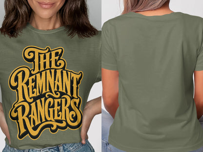 Olive green t-shirt with "The Remnant Rangers" graphic on front.