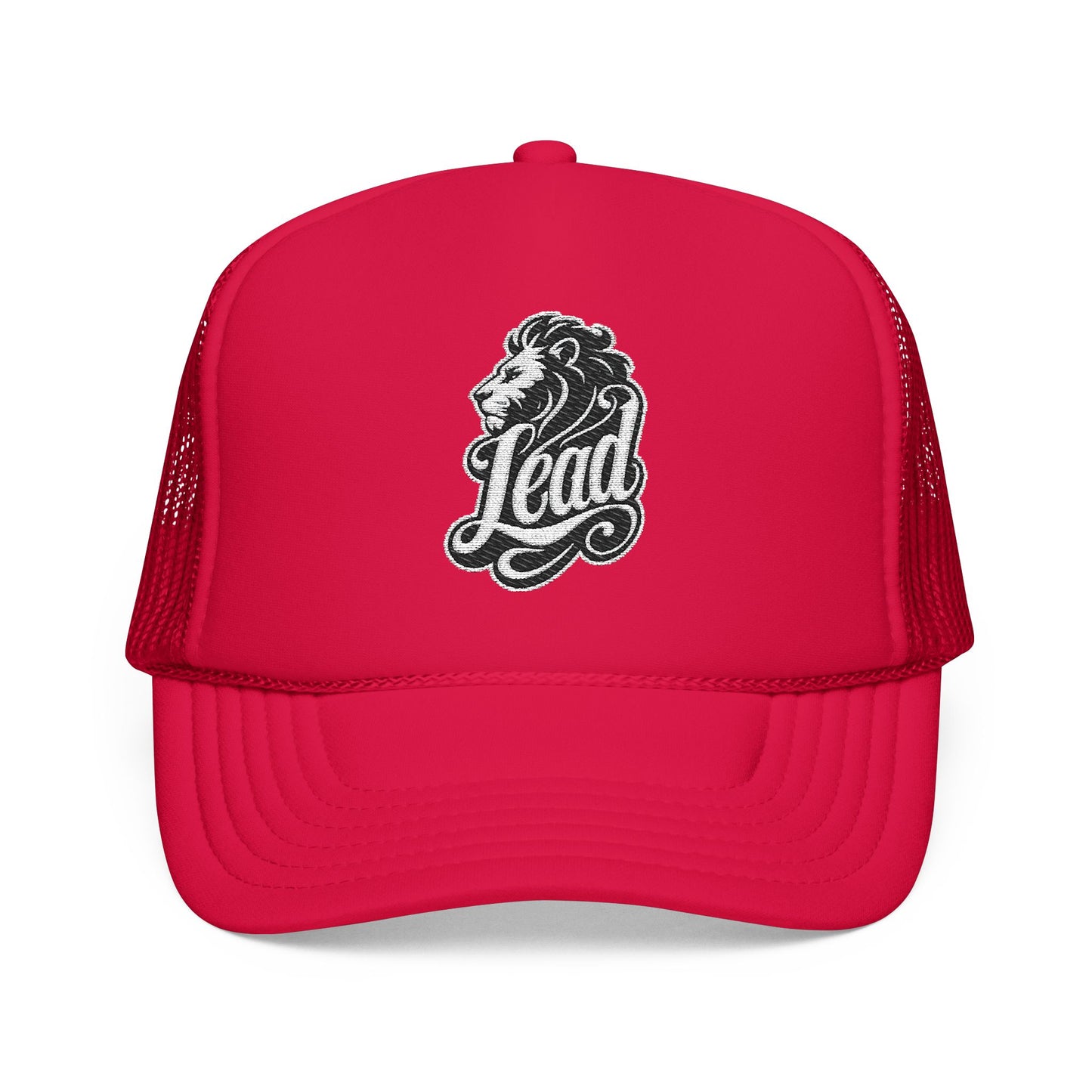 Red trucker hat with embroidered lion head and "Lead" text.